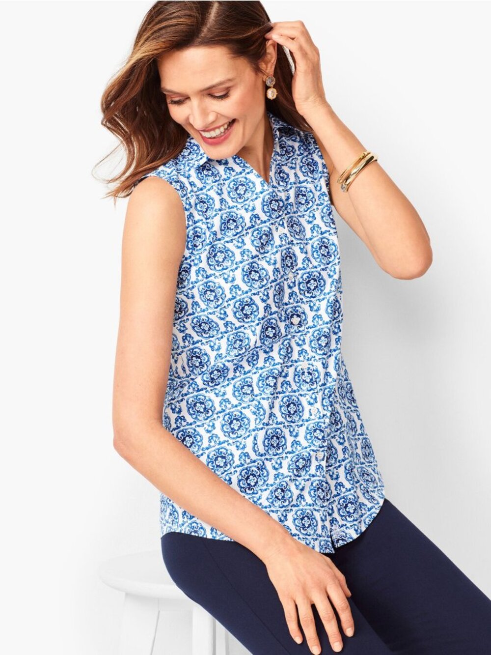 Talbots Petite Sleeveless Perfect Shirt Blouse Non Iron Scroll Medallion 6P